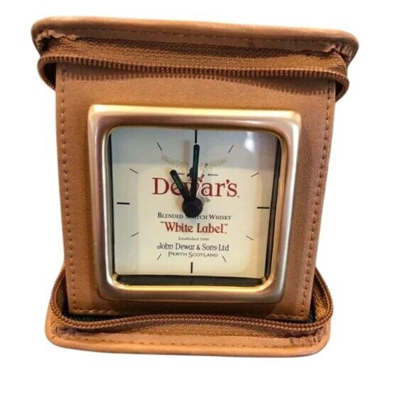 Dewars Travel Alarm Clock In Tan Leather Case With Zipper Closure Tartan - Picture 1 of 4